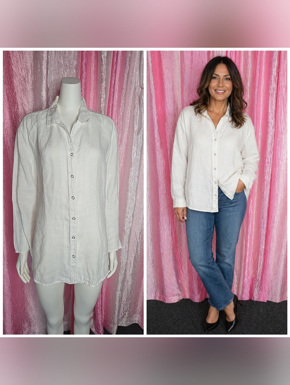 J. Jill White Textured 100% Linen Snap Front Tunic Classic Blouse Size Medium